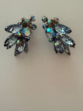 Vintage Aurora Borealis Crystal Clip Earrings - Blue Multicolor